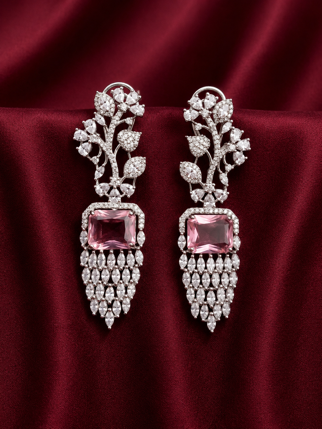 AD Silver Pink Crystal Drop Earrings