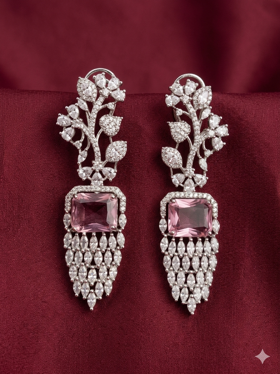 AD Silver Pink Crystal Drop Earrings