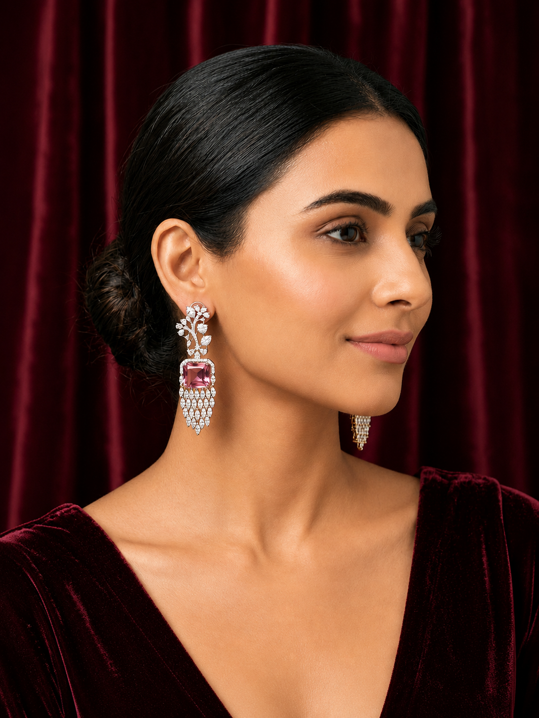 AD Silver Pink Crystal Drop Earrings