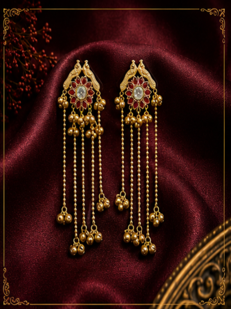 Kashmiri Red Floral Long Earrings