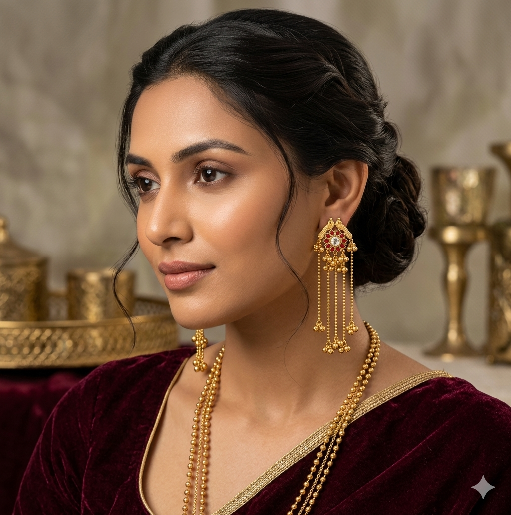 Kashmiri Red Floral Long Earrings