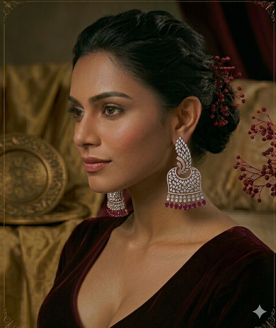 AD Oxidised Bell Ruby Earrings
