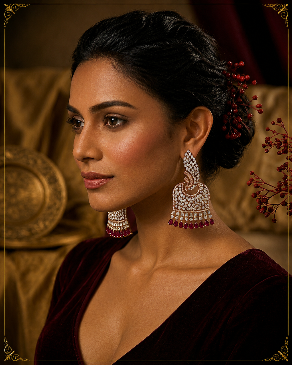 AD Oxidised Bell Ruby Earrings