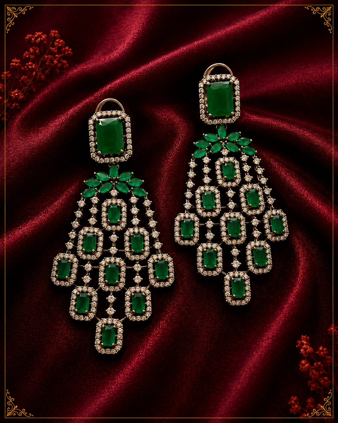 AD Oxidised Green Crystal Drop Earrings