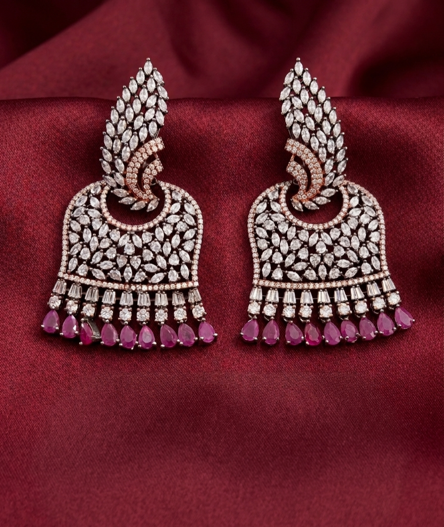 AD Oxidised Bell Ruby Earrings