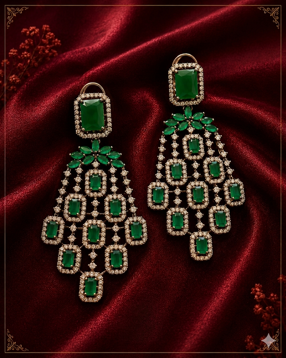 AD Oxidised Green Crystal Drop Earrings