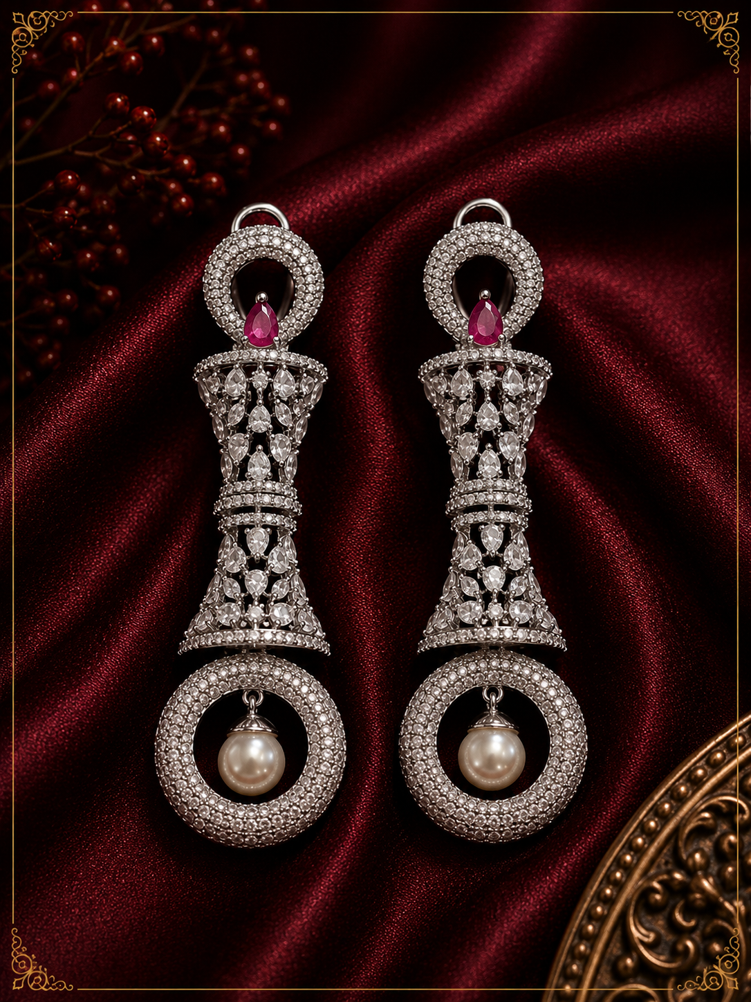 AD Silver White Pearl Long Earrings