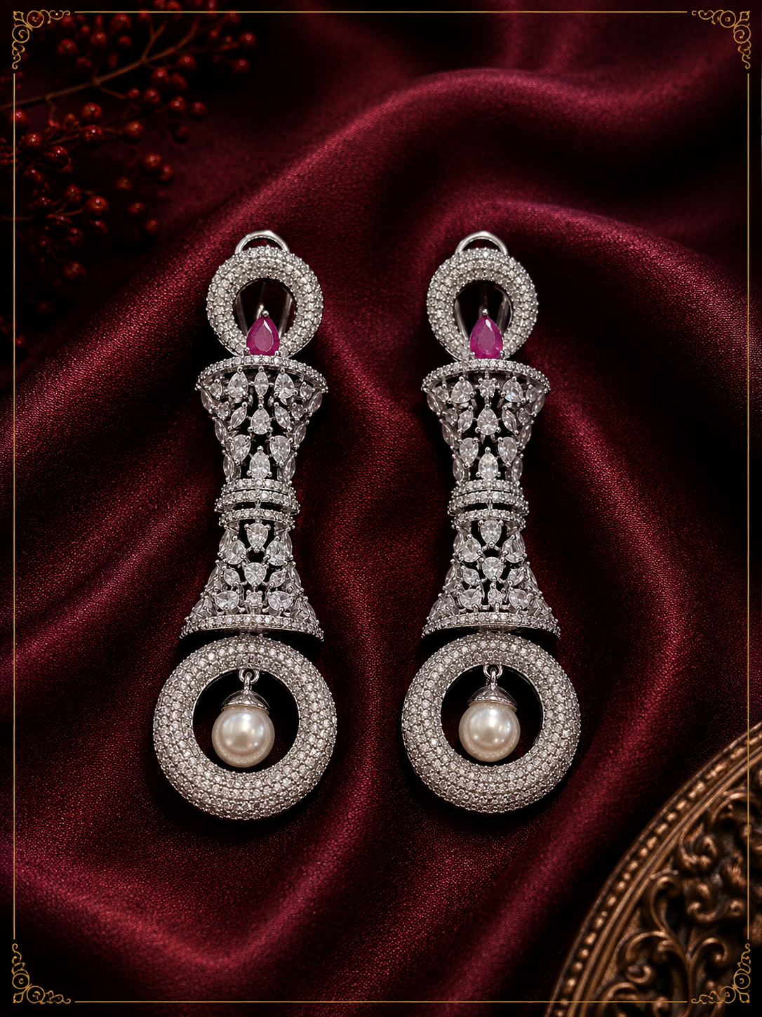 AD Silver White Pearl Long Earrings