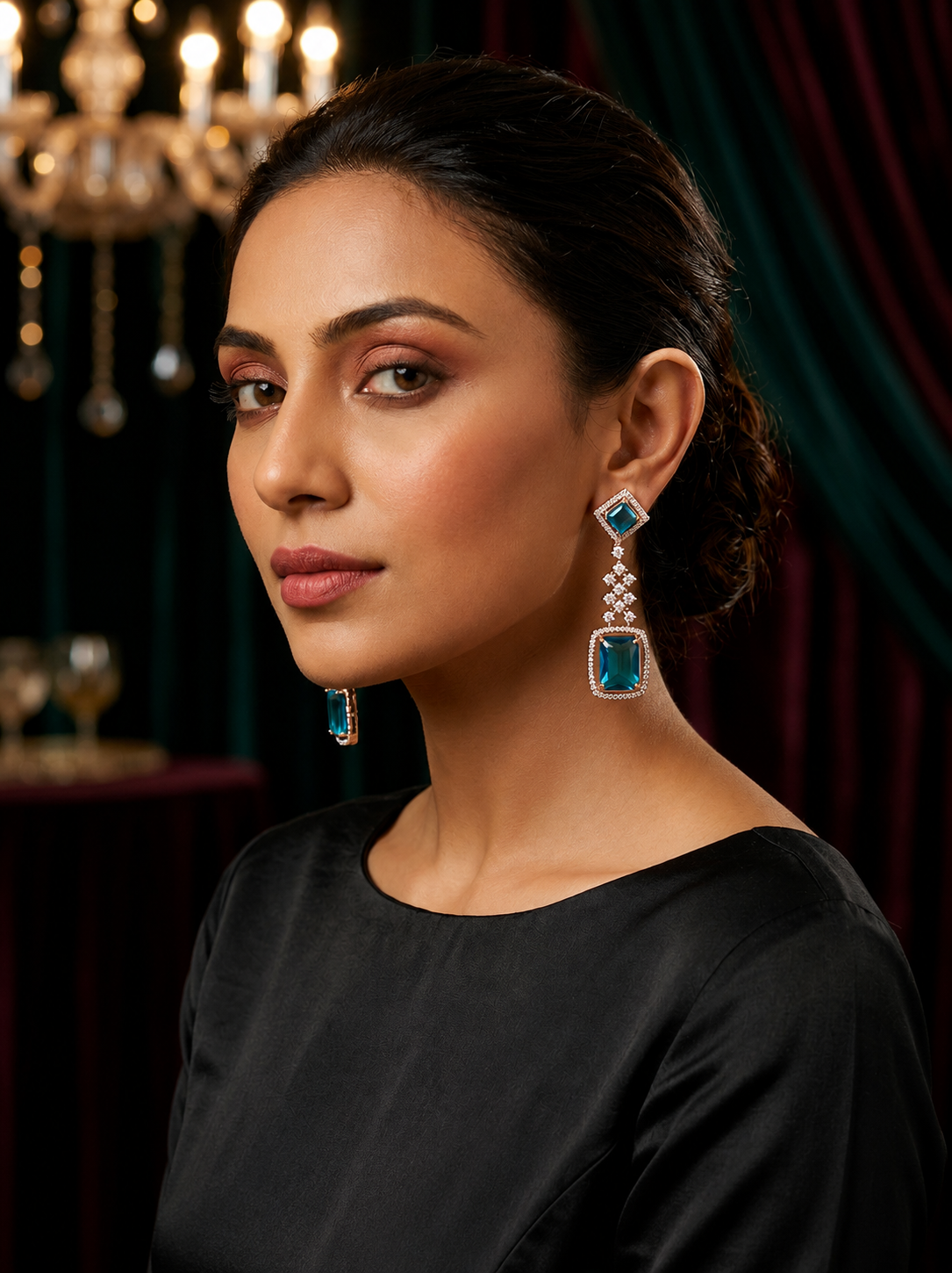 AD Blue Crystal Dangling Earrings