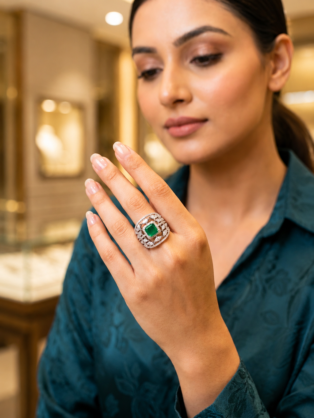 Floral Emerald Halo Ring