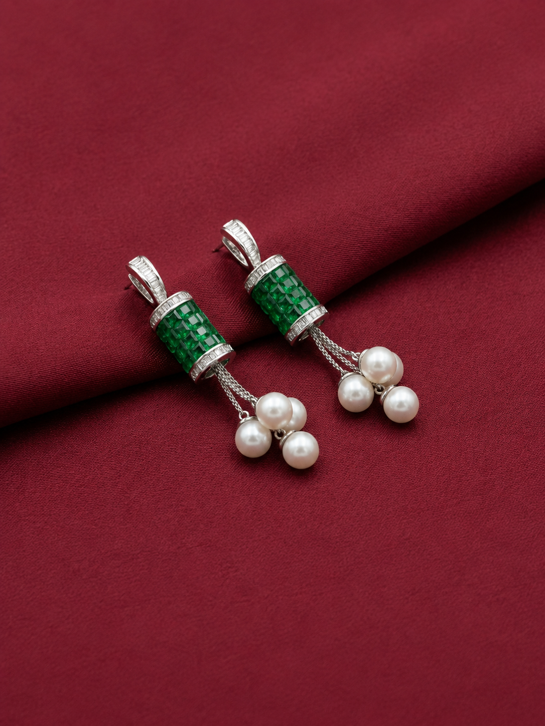 AD Green Dangle White Pearl Earrings