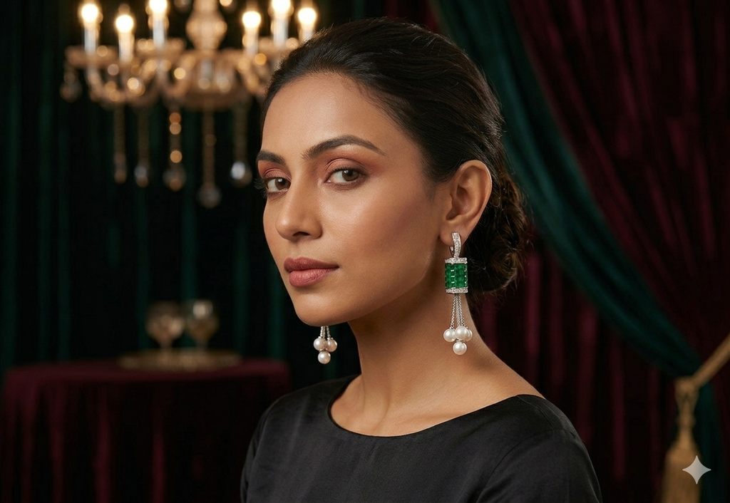 AD Green Dangle White Pearl Earrings
