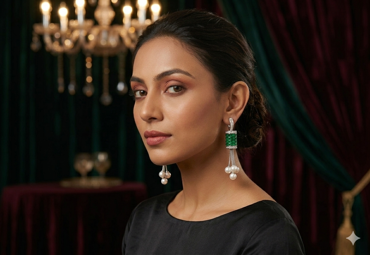 AD Green Dangle White Pearl Earrings