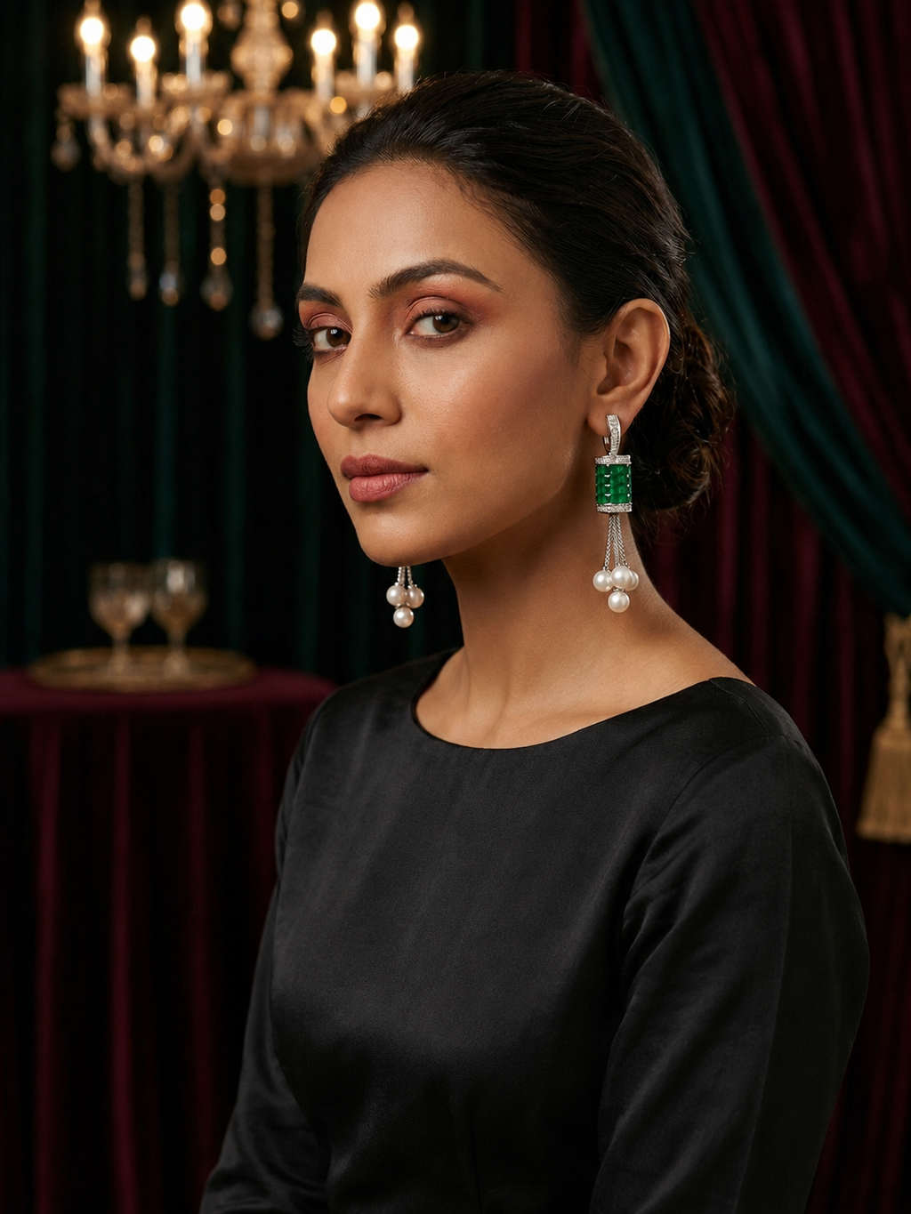 AD Green Dangle White Pearl Earrings