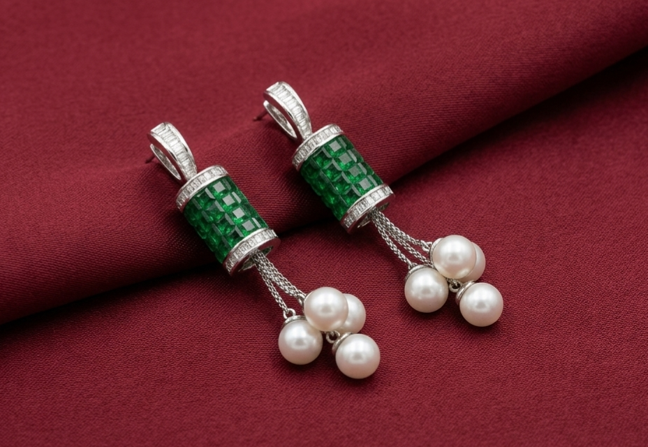 AD Green Dangle White Pearl Earrings