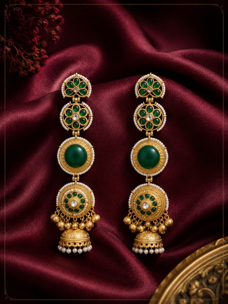 Kashmiri Emerald Bloom Long Earrings