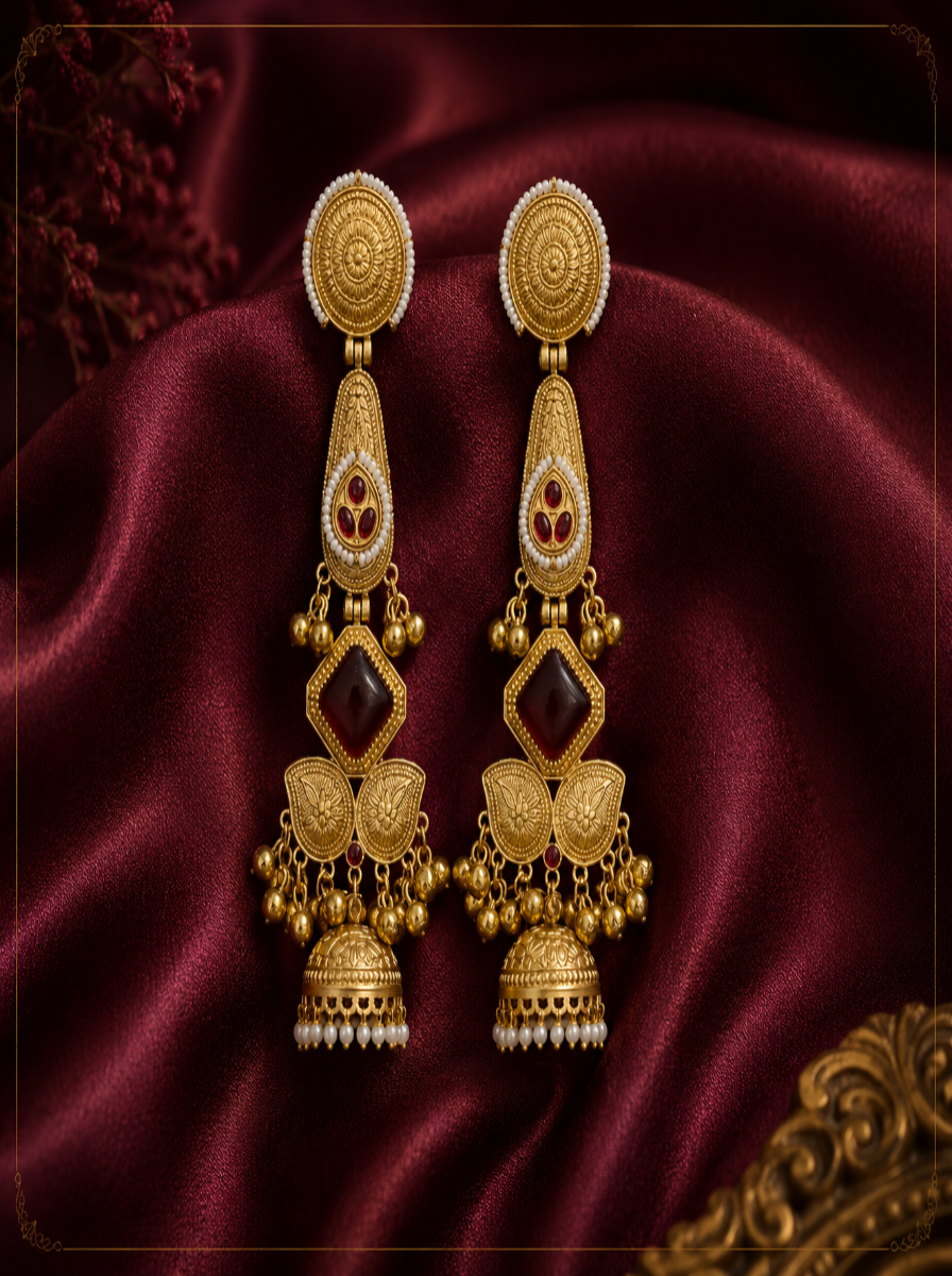 Kashmiri Crimson Diamond Long Earrings