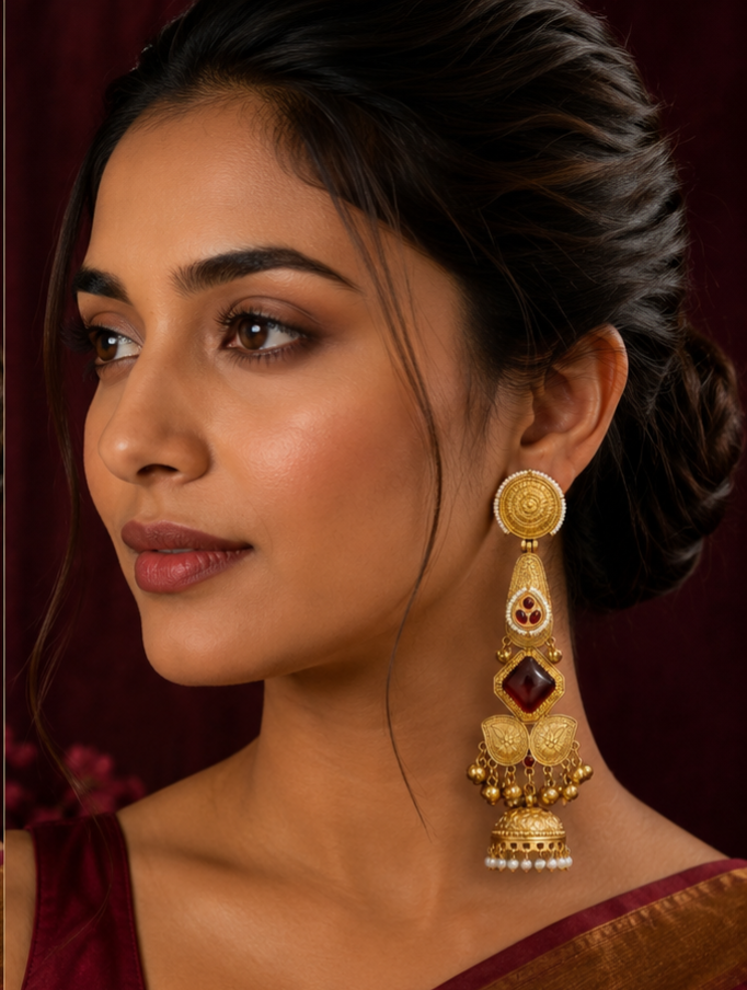 Kashmiri Crimson Diamond Long Earrings
