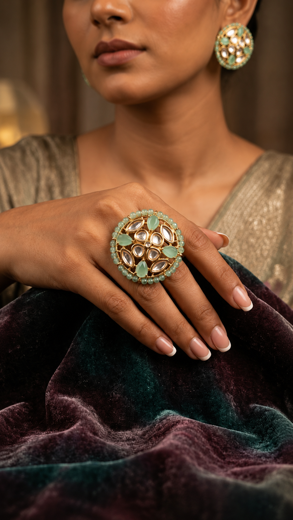 Mint Green Kundan Floral Ring
