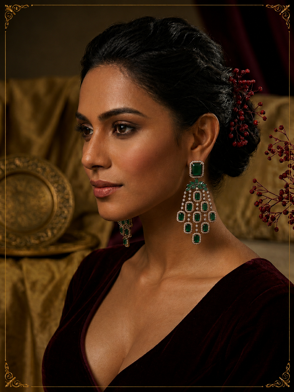 AD Oxidised Green Crystal Drop Earrings