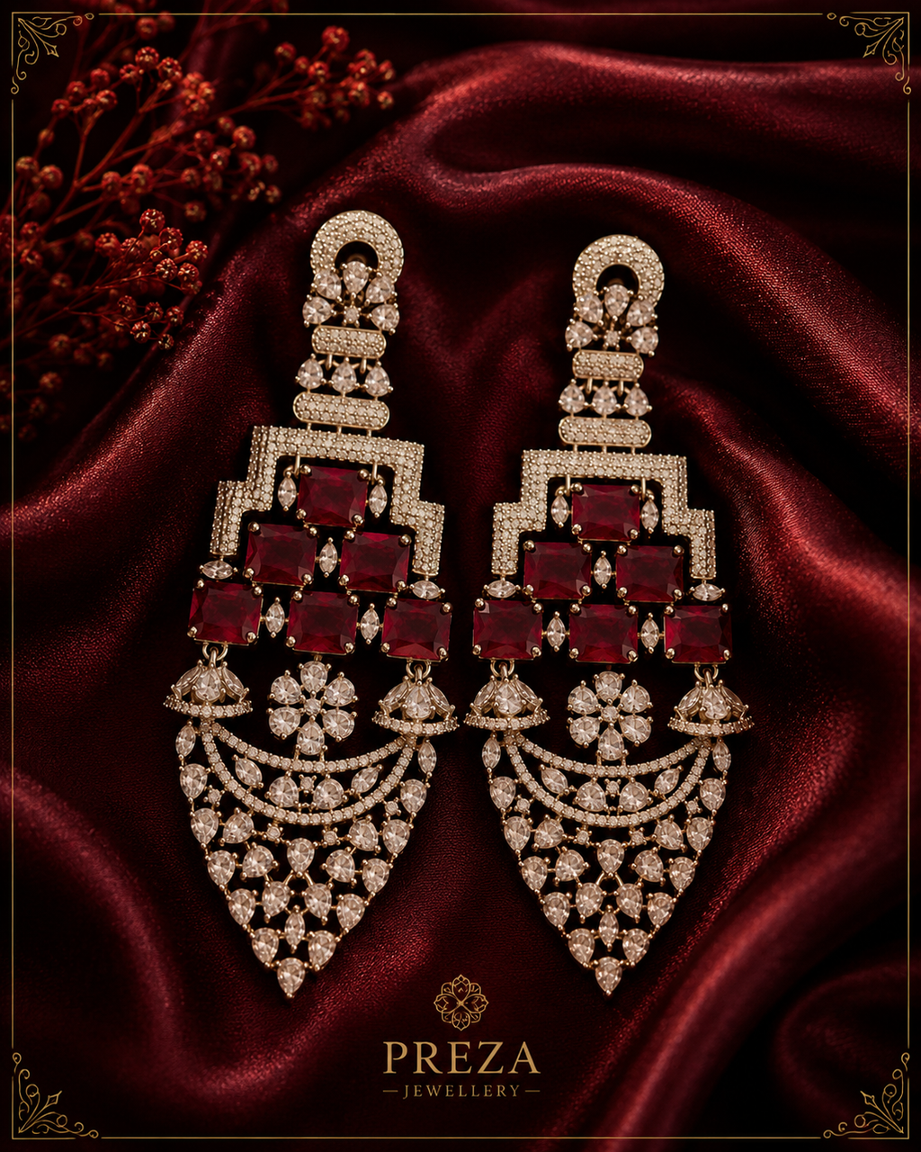 AD Silver Red Crystal Long Earrings