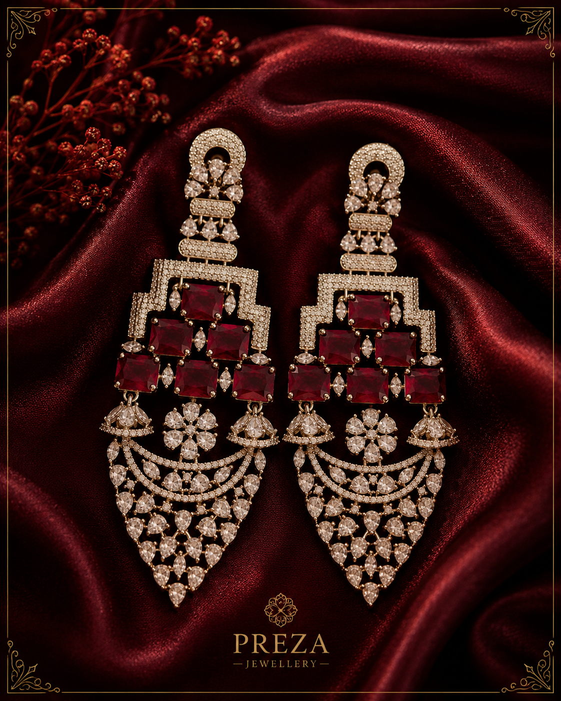 AD Silver Red Crystal Long Earrings