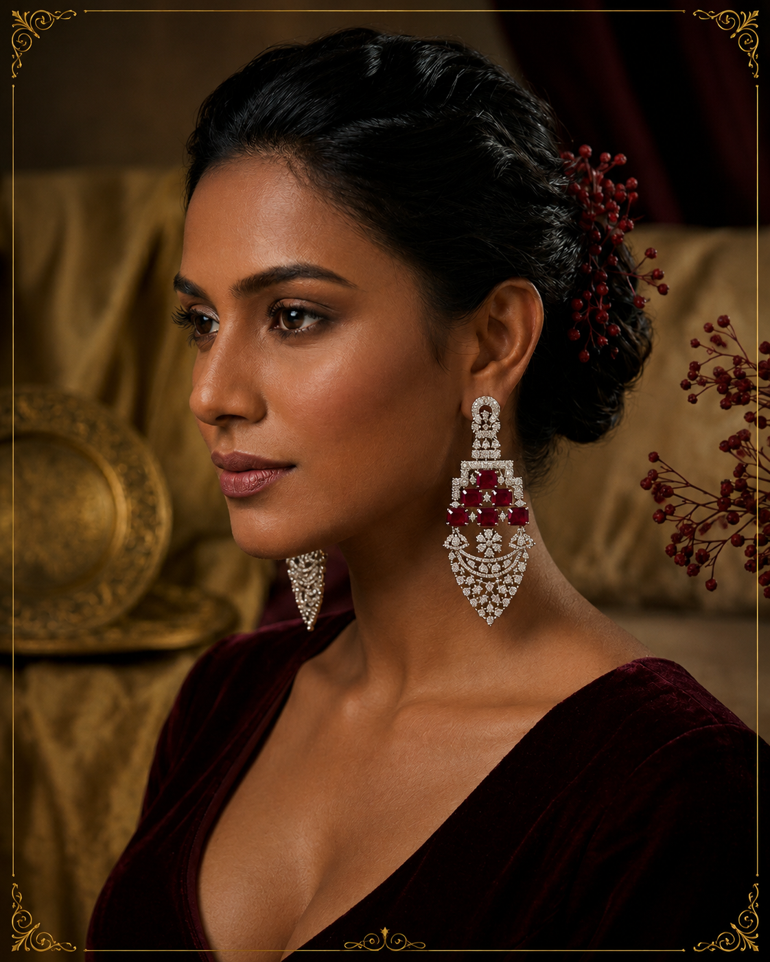 AD Silver Red Crystal Long Earrings